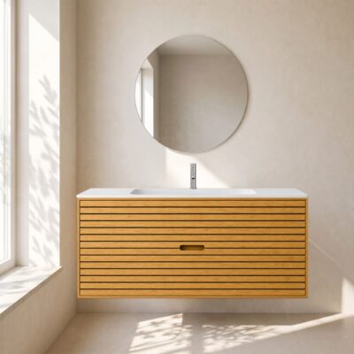 Stripes snedker badmøbel 120 cm med rund kompositvask - Natur eg Stripes snedker badmøbel 120 cm med rund kompositvask - Natur eg