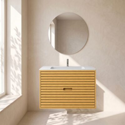 Stripes snedker badmøbel 80 cm med rund kompositvask - Natur eg Stripes snedker badmøbel 80 cm med rund kompositvask - Natur eg