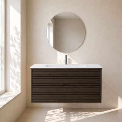 Stripes snedker badmøbel 120 cm med firkantet kompositvask - Mørk eg Stripes snedker badmøbel 120 cm med firkantet kompositvask - Mørk eg