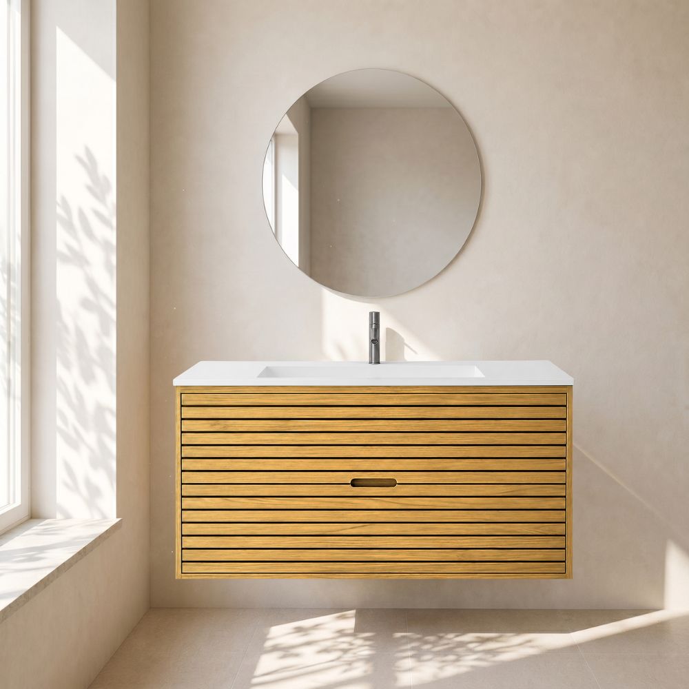 Stripes snedker badmøbel 120 cm med firkantet kompositvask - Natur eg Stripes snedker badmøbel 120 cm med firkantet kompositvask - Natur eg