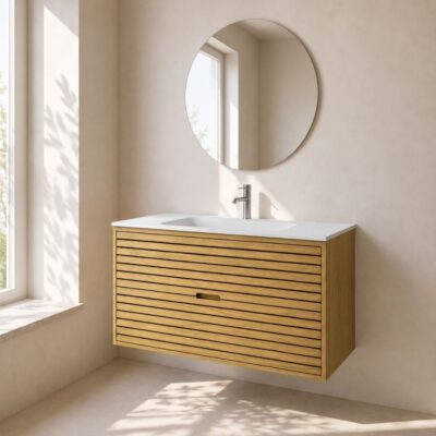 Stripes snedker badmøbel 120 cm med rund kompositvask - Natur eg Stripes snedker badmøbel 120 cm med rund kompositvask - Natur eg