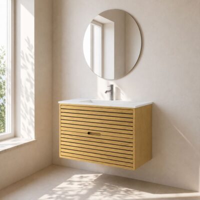 Stripes snedker badmøbel 80 cm med firkantet kompositvask - Natur eg Stripes snedker badmøbel 80 cm med firkantet kompositvask - Natur eg