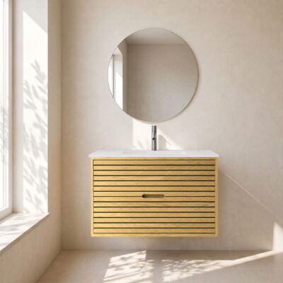 Stripes snedker badmøbel 80 cm med firkantet kompositvask - Natur eg Stripes snedker badmøbel 80 cm med firkantet kompositvask - Natur eg