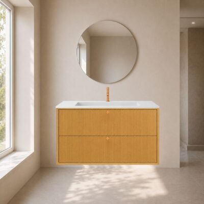 Fluted snedker badmøbel 100 cm med firkantet kompositvask m. børstet bronze greb - Natur eg Fluted snedker badmøbel 100 cm med firkantet kompositvask m. børstet bronze greb - Natur eg