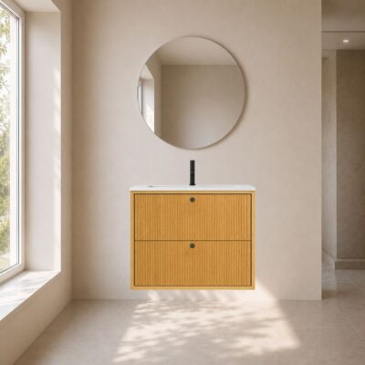 Fluted snedker badmøbel 60 cm med firkantet kompositvask m. mat sorte greb - Natur eg Fluted snedker badmøbel 60 cm med firkantet kompositvask m. mat sorte greb - Natur eg